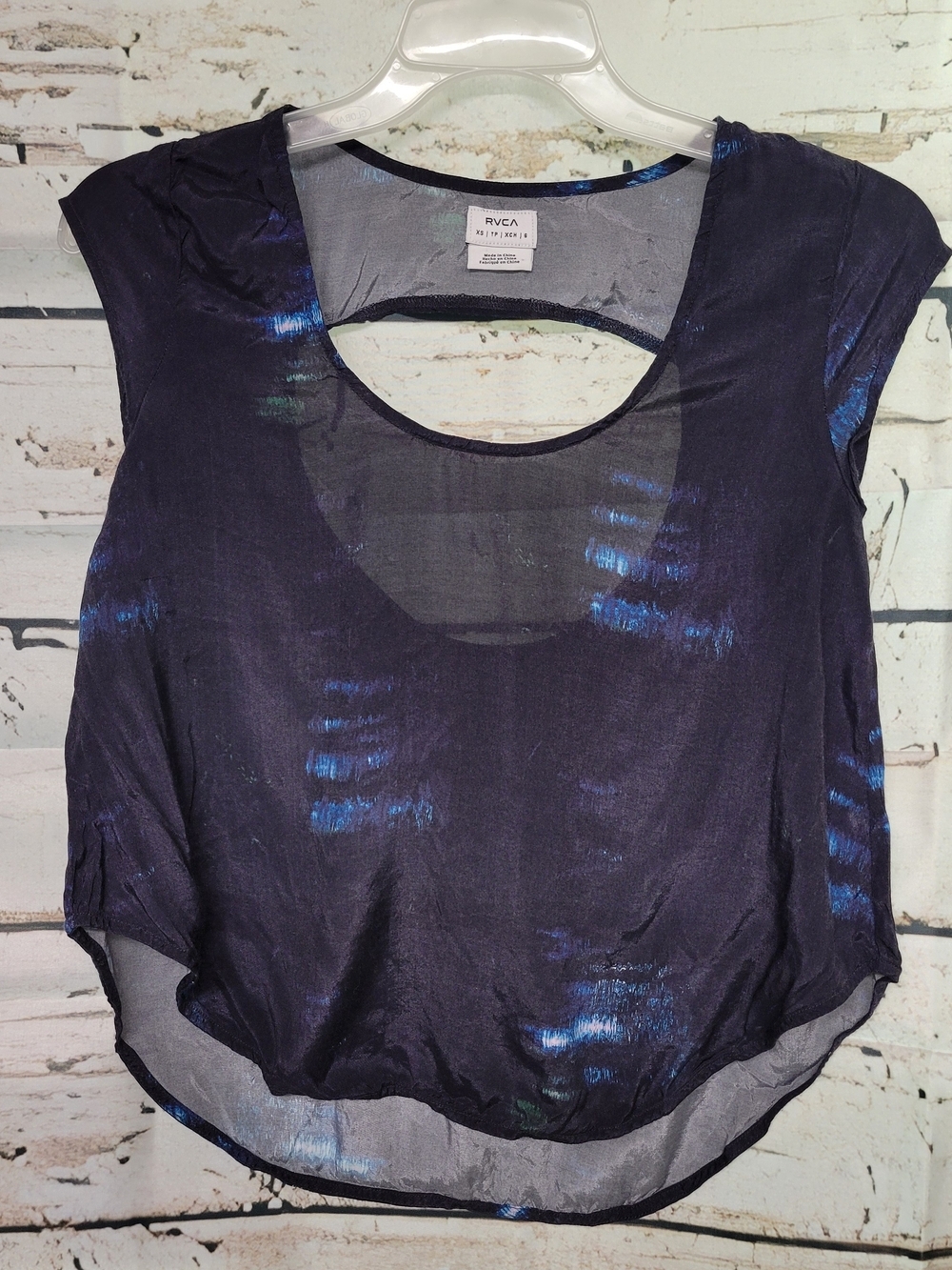 RVCA XS Sheer Open Back Abstract Print Cap Sleeve Blouse Festival Boho